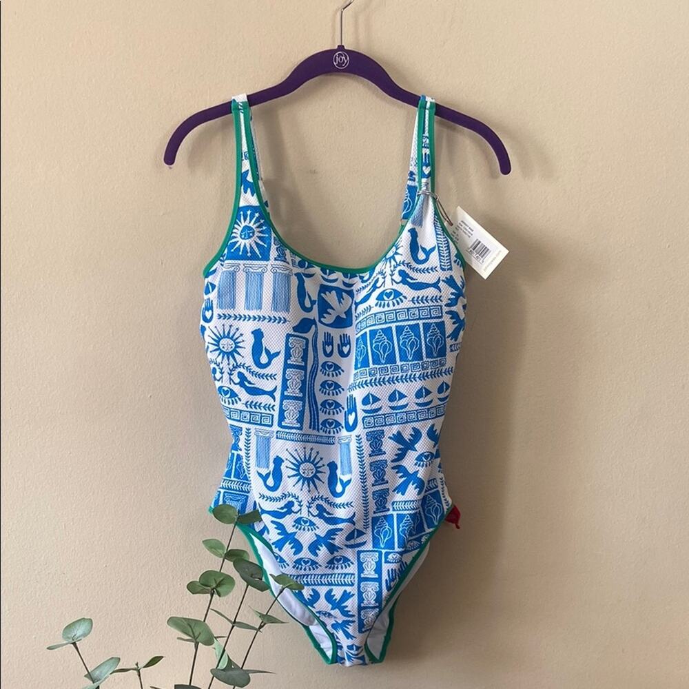 Johnny Was Acantha Blue White Tank One Piece Swimsuit NWT XL Mermaid Coastal